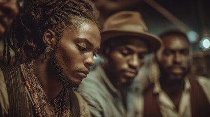 Group of african american men gather together in dim light at a cafe