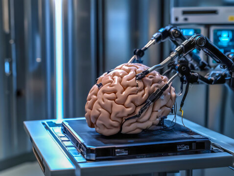 On a sleek surgical table, a cybernetic brain is meticulously connected to robotic arms, showcasing the cutting-edge fusion of artificial intelligence and human enhancement in medical fields