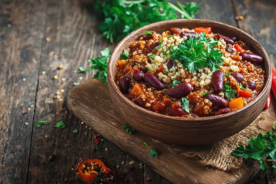 Chili sin Carne vegan mit Bohnen Quinoa Eintopfgericht pflanzlich Protein Bowl Chili Rezept herzhaftes Gericht gesunde Ern&auml;hrung mexikanisch inspiriert Comfort Food Foodfotografie vegane Hausmannskost
