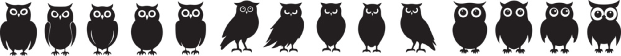Silhouette Owls A Row of Wise Birds  Vector Graphics