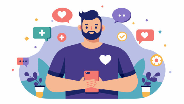 A man following bodypositive influencers on social media and engaging with their content by leaving supportive comments and liking their posts.. Vector illustration