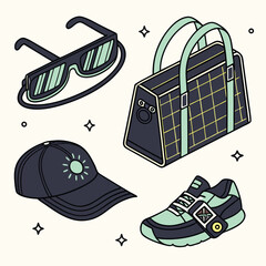 Isometric illustration of a cap with sun, sunglasses, bag and sneakers on a light background