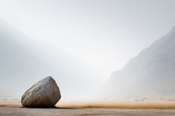 minimalist photograph of solitary rock on left side set against glacial valley in kyrgyzstan