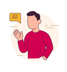 Man waving and speaking. Friendly character in flat minimal illustration.