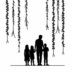 Family silhouette standing together under hanging vines  