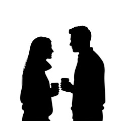 Silhouetted couple holding coffee cups and talking against white background  