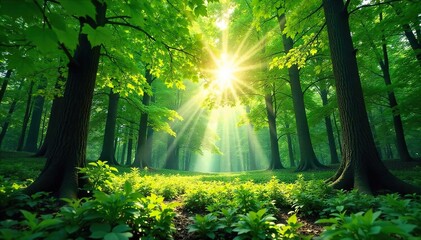 Obraz premium Sunlight Dapples Lush Green Forest Canopy, Vibrant Untouched Woodland Scene, Perfect for Nature, Environment, and Ecology Themes