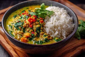 Linsen Dal mit Spinat Curry Reis vegetarisches Gericht indisch inspiriert veganes Linsengericht cremiges Curry mit Reis Gewürzgericht Hausmannskost Comfort Food Foodfotografie Ayurveda Küche