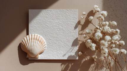 A blank paper card mockup with seashell and white flowers is set against a neutral brown wall, creating a minimal aesthetic perfect for branding or social media.

