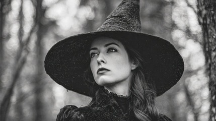 Black and White Portrait of a Woman in a Witch Hat in the Forest