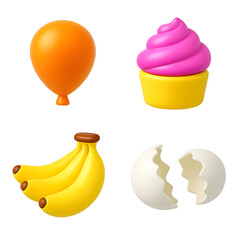 Fototapeta premium 3D set of fun icons including balloon, cupcake, banana, and cracked egg
