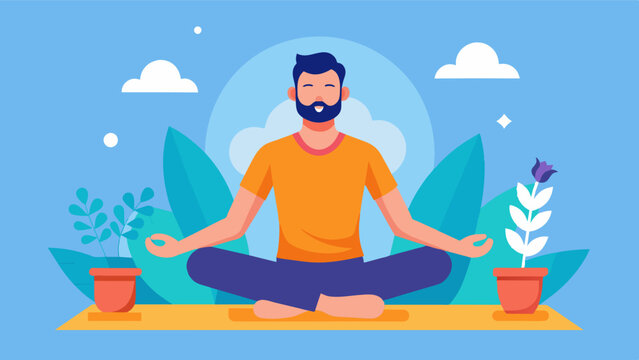In a yoga class a man finds solace in his bodys strength and flexibility a result of both his dedicated practice and the positive and empowering relationship he has with himself. Vector illustration