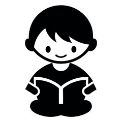 Black and White Illustration of a Cartoon Boy Sitting and Reading a Book