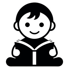Black and White of a Smiling Baby Reading a Book Illustration