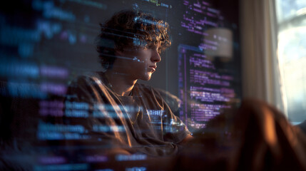 Teen in a bedroom programming an AI assistant through floating code lines and syntax highlights. Background is deep indigo