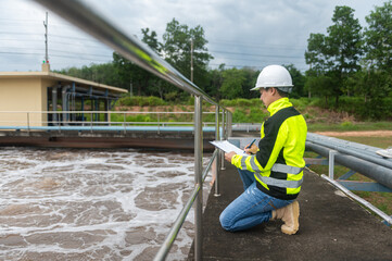 Two engineers are inspecting the operation of a wastewater treatment plant