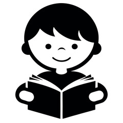 Cartoon Boy Reading Book Illustration in Black and White for Children's Designs