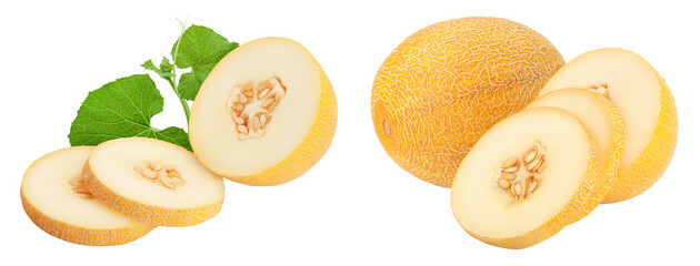 Melon half and slices isolated on white background with full depth of field