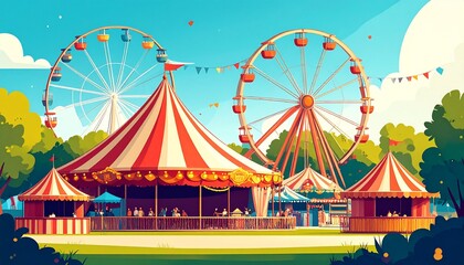 Obraz premium A colorful flat-style illustration of an amusement park scene featuring a classic circus tent, a towering Ferris wheel, and festive elements 