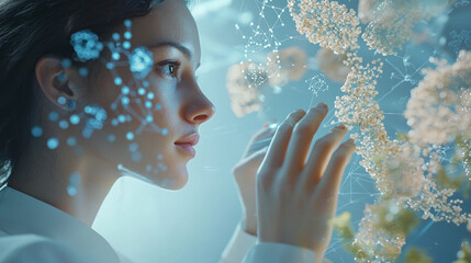 Female scientist interacting with an AI microscope, floating cell diagrams and protein structures around her. Powder blue background.