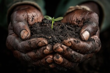 Obraz premium Weathered hands cradle seedling sprouting from rich soil, hopeful beginning takes root