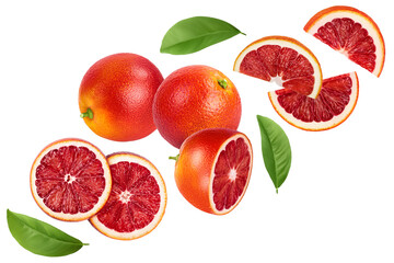 Blood red oranges with slices isolated on white background . Top view. Flat lay