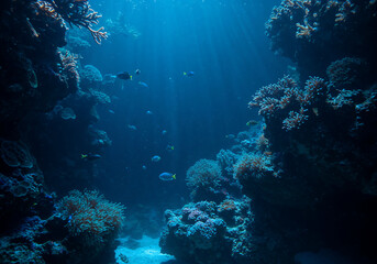 Obraz premium Ethereal Underwater Coral Reef Scene with Bioluminescent Blue Light and Dreamlike Ocean Depths