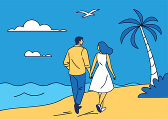 A couple walks hand in hand on a sandy beach beside the ocean with a palm tree and clouds in a vibrant blue sky