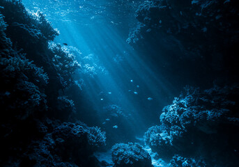 Ethereal Underwater Coral Reef Scene with Bioluminescent Blue Light and Dreamlike Ocean Depths