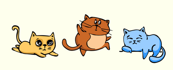 Set of cute vector cat sticker, lovely cat and friendly doodle in different poses . Adorable funny pet characters hand drawn collection for T-shirt,sticker, print, pet shop.