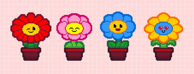 Colorful flowers pixel art set. Floweret, floret collection. 8 bit sprite. Game development, mobile app. Isolated vector illustration.