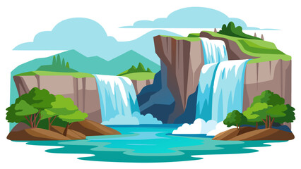 Vibrant cartoon illustration of a majestic multi tiered waterfall cascading into a clear turquoise river