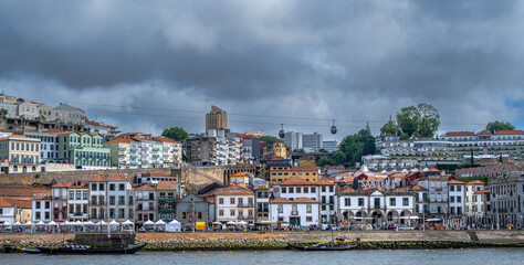 Vila Nova de Gaia and cable car as viewed across the river Douro from the Ribeira side of Porto.