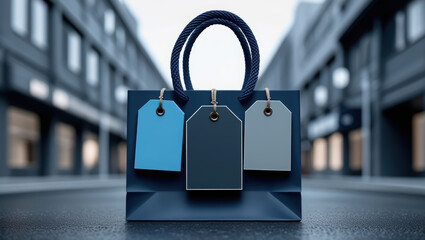 Elegant black shopping bag with three colorful price tags against a city street background.