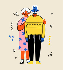 Cute elderly couple. Happy seniors together. Old men and women, spouses. Vector doodle cartoon illustration in flat style