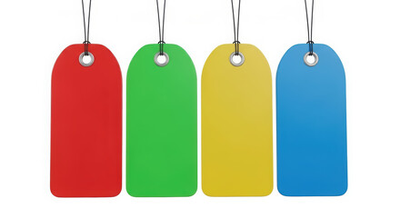 Four colorful blank tags (red, green, yellow, blue) with strings on a white background.