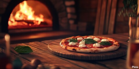 Delicious Pizza with Basil Served Near a Warm Oven