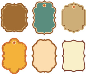 Collection of six decorative vintage frame and label designs in various colors
