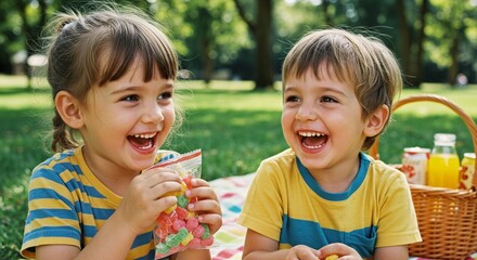 Two children are enjoying a picnic on the grass with candy and drinks. The children are laughing in a park setting.