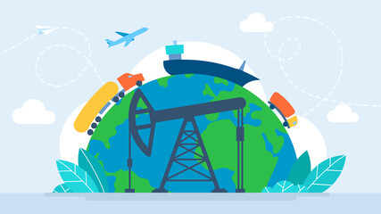 Naklejka premium Delivery of oil, gasoline, gas. Oil platform rig. Oil petroleum industry with platform extraction derrick refinery plant products transportation tanker pipeline. Flat illustration