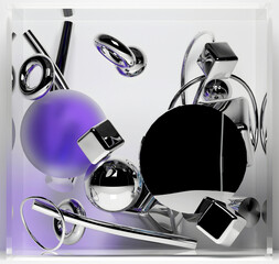 3d render with abstract art, with surreal geometry, soft figures as spheres, boxes, rings, cubes, tubes in silver metal material, glass, and aluminium on a light grey background
