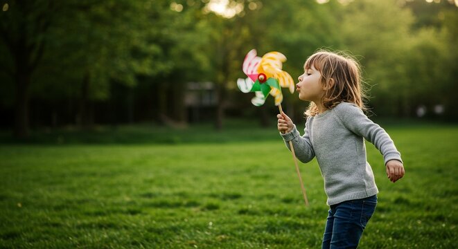 A child blowing on a colorful toy pinwheel standing in a green field with trees in the background on a sunny day.