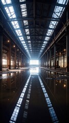 Obraz premium Post-Apocalyptic Warehouse with Glass Ceiling and Oil Puddles