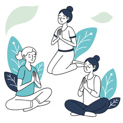 Three women meditating in different poses with leaves in the background in a serene environment