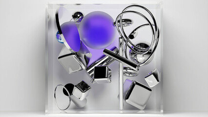 3d render with abstract art, with surreal geometry, soft figures as spheres, boxes, rings, cubes, tubes in silver metal material, glass, and aluminium on a light grey background