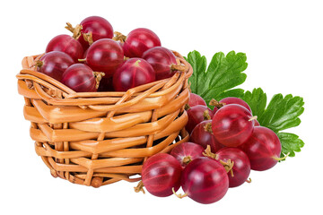 Red gooseberry in a wicker basket isolated on white background with full depth of field.