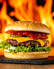 Juicy cheeseburger in front of flames. Tasty fast food. Delicious meal. Cooking and culinary concept