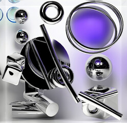 3d render with abstract art, with surreal geometry, soft figures as spheres, boxes, rings, cubes, tubes in silver metal material, glass, and aluminium on a light grey background