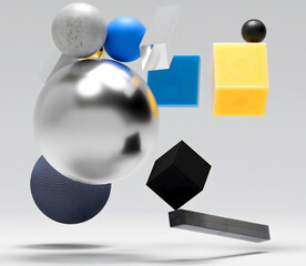 3d render of abstract art with surreal big and small geometry figures as sphere, ball, square boxes, flying in a random way inside a big invisible cube on a light grey background