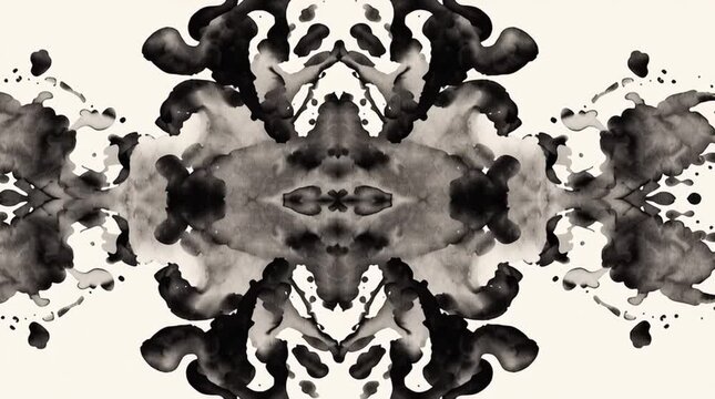 Abstract symmetrical ink blot composition with mirrored organic shapes, creating a Rorschach test-like design.

